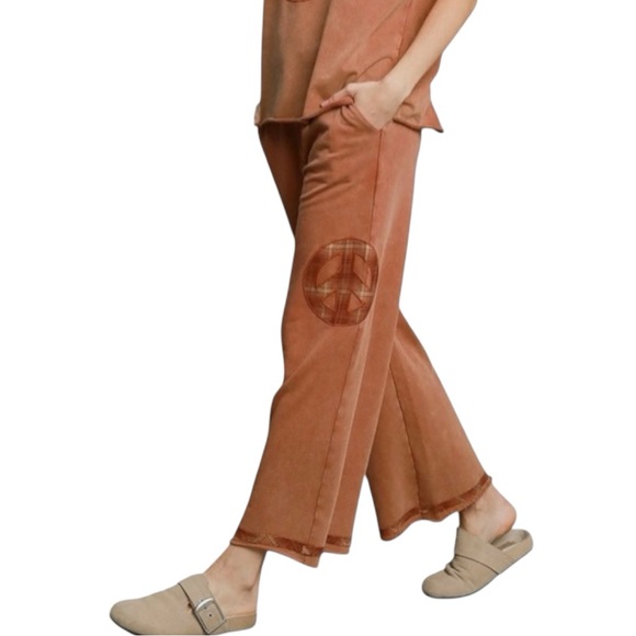 Umgee Pants - Umgee Peace Sign Rust Wide-Leg Pants